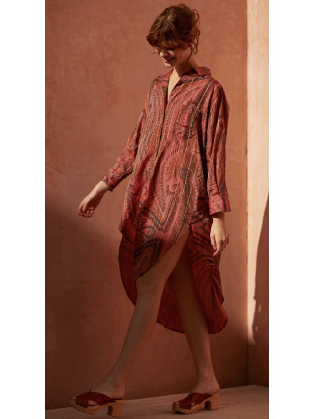 MES DEMOISELLES Ahhotep Shirt Dress Silk Red Metallic Paisley Oversized Luxury